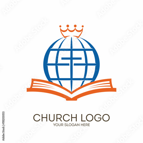 Church logo. Christian symbols. Bible, cross, globe and crown.