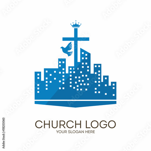 Church logo. Christian symbols. Cross, city and dove.