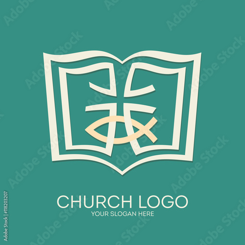 Church logo. Christian symbols. Bible, cross and Jesus fish.