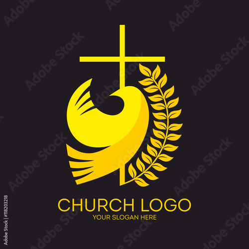 Church logo. Christian symbols. Dove and cross.