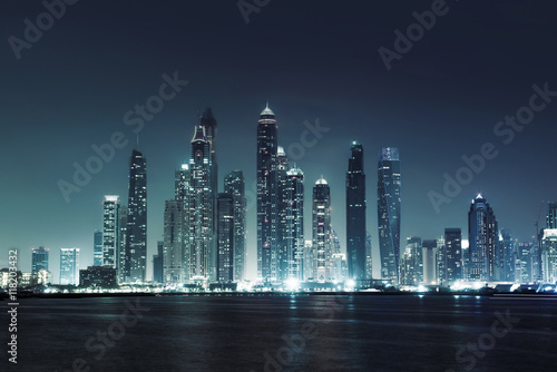 Canvas Print panorama of skyscrapers in Dubai Marina, sunset time, UAE