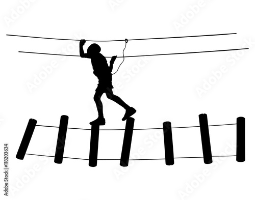 Extreme sportsman took down with rope. Man climbing vector silhouette illustration, isolated on the white background. Sport weekend action in adventure park rope ladder. Ropeway for fun, team building