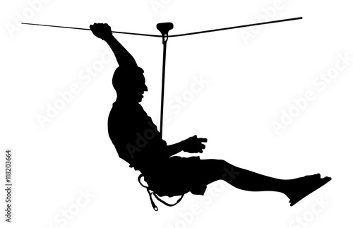 Extreme sportsman took down with rope. Man climbing vector silhouette illustration, isolated on the white background. Sport weekend action in adventure park rope ladder. Ropeway for fun, team building