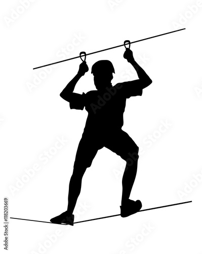 Extreme sportsman took down with rope. Man climbing vector silhouette illustration, isolated on the white background. Sport weekend action in adventure park rope ladder. Ropeway for fun, team building