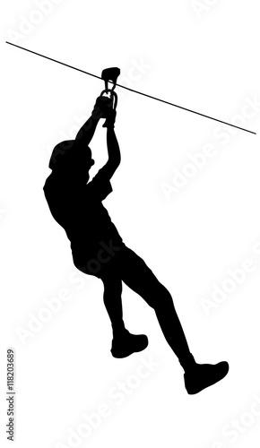 Extreme sportsman took down with rope. Man climbing vector silhouette illustration, isolated on the white background. Sport weekend action in adventure park rope ladder. Ropeway for fun, team building