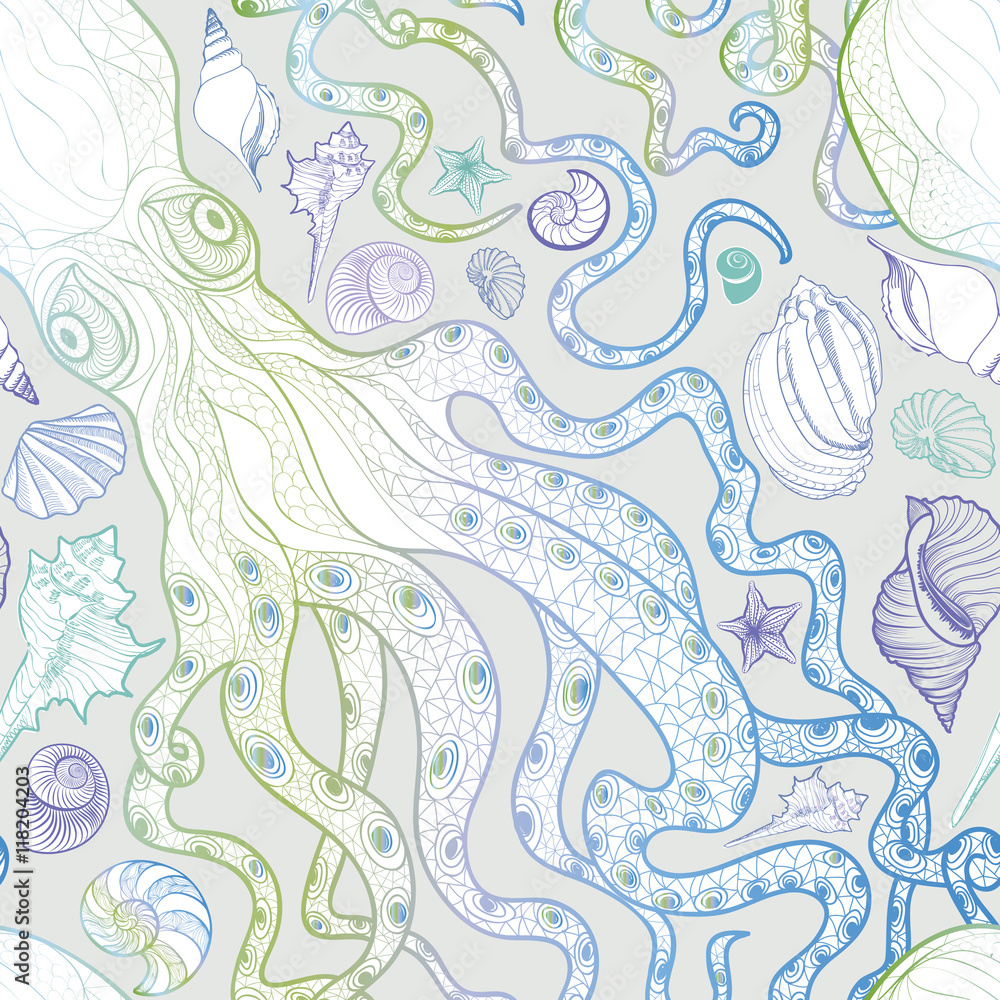 Seashell and octopus seamless pattern. Summer holiday marine backgound