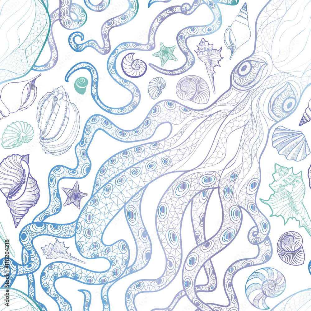 Octopus and Seashell seamless pattern. Summer holiday marine background. Underwater animals