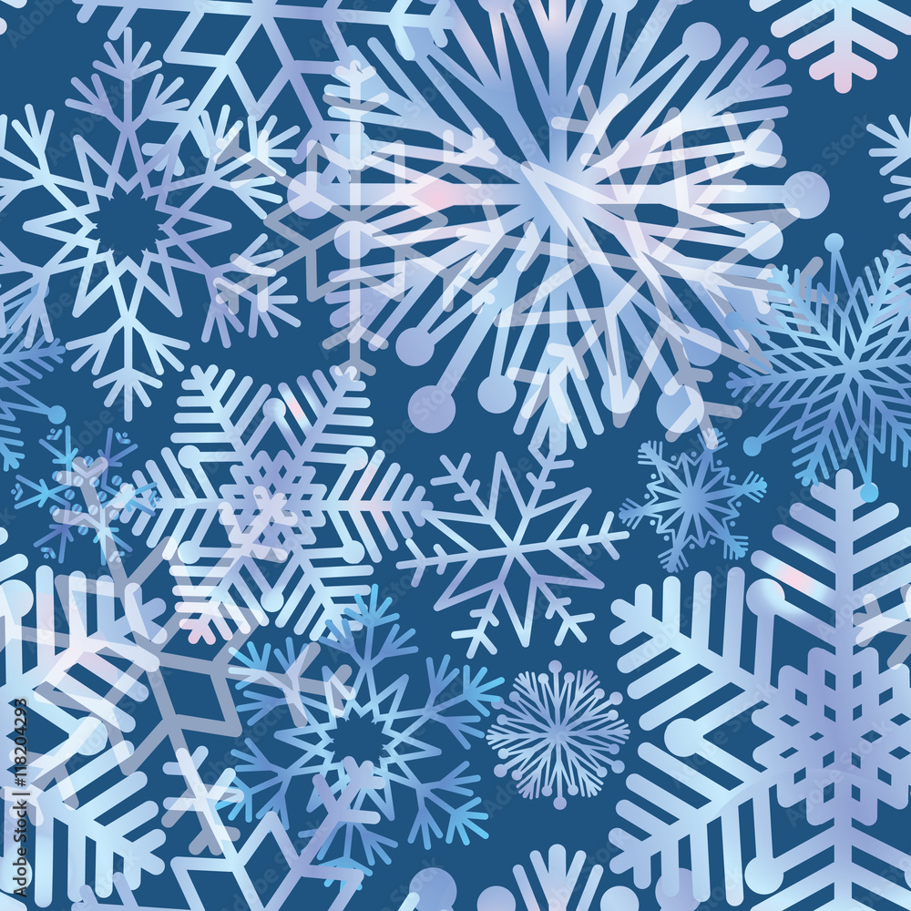 Snow pattern. Snowflakes seamless texture. Blue winter background 