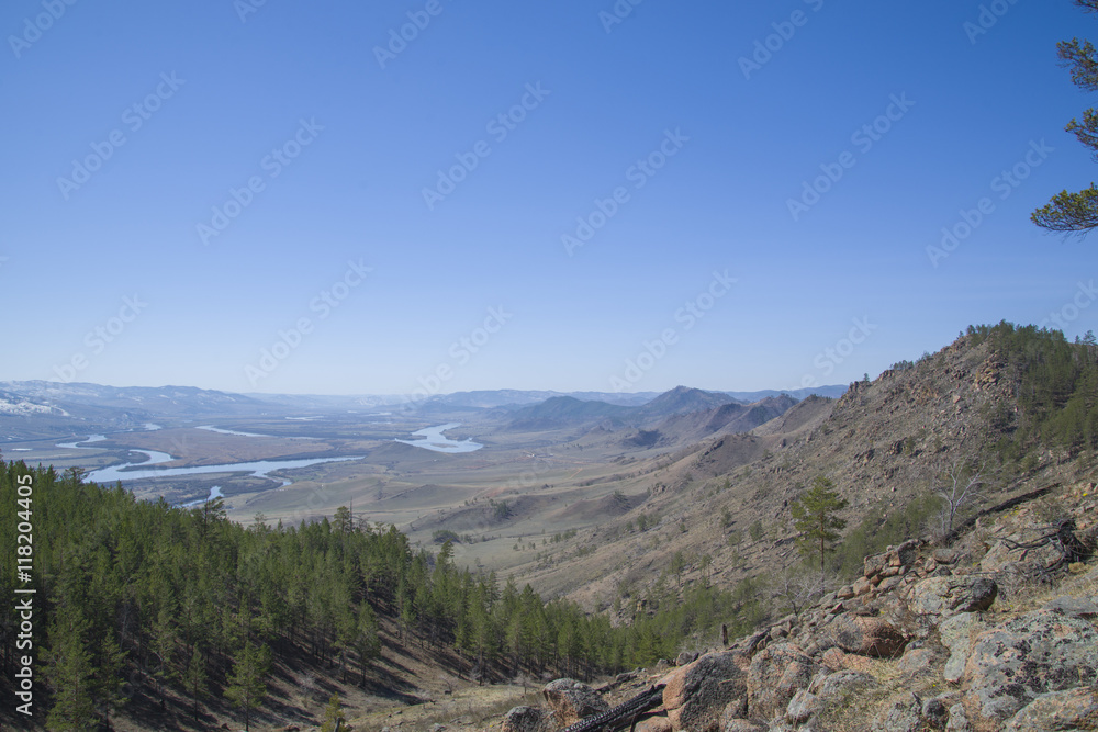 Naklejka premium A survey on the valley of the Selenga river from the mountain to