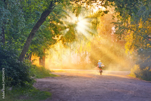 Road to childhood little boy rides bicycle toward the sun.