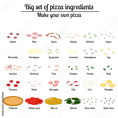 Big set of ingredients for pizza. Vector illustration builder. Isolated infographic elements on white background
