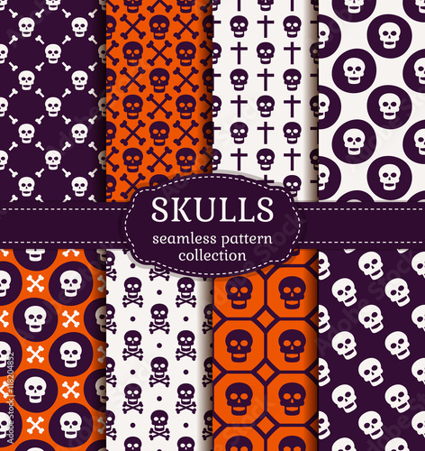 Skulls seamless patterns. Vector set.