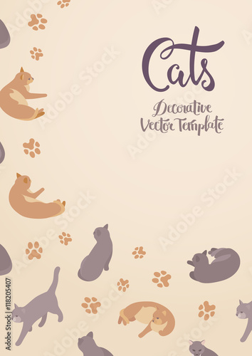 Vector decorating design with the cats. Colorful card template with copy space