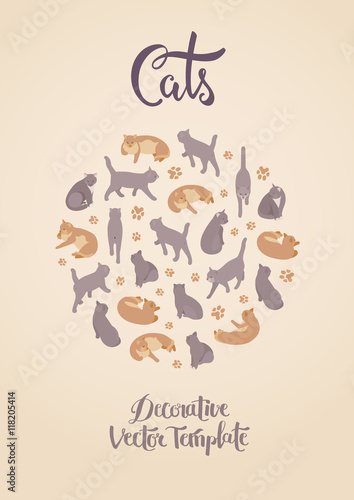Vector decorating design with the cats. Colorful card template with copy space