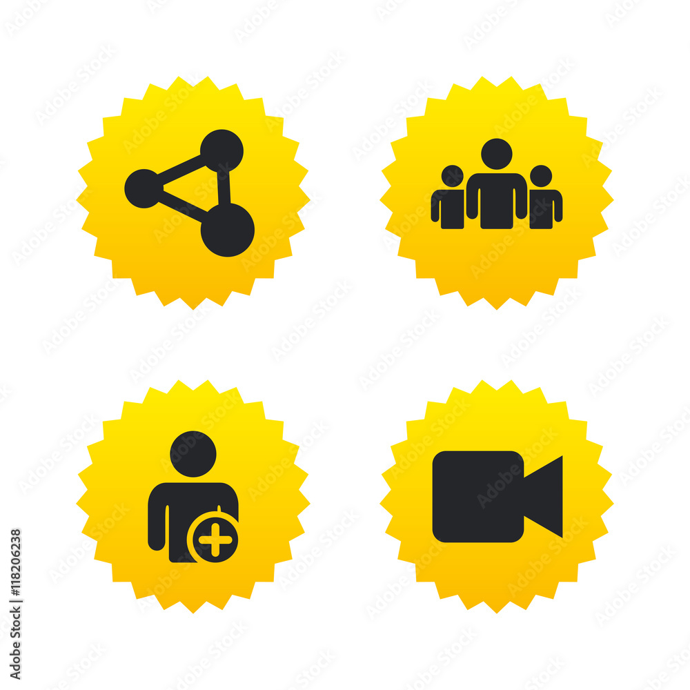 Group of people and share icons. Video camera. Group of people and share icons. Video camera.