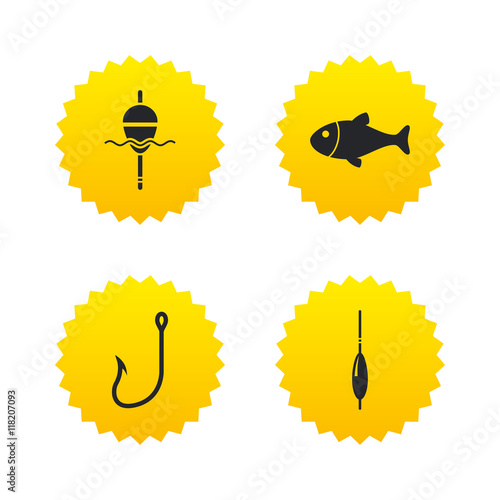 Fishing icons. Fish with fishermen hook symbol.