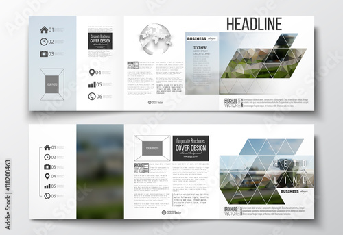 Set of tri-fold brochures, square design templates. Colorful polygonal background, blurred image, airport landscape, modern stylish triangular vector texture