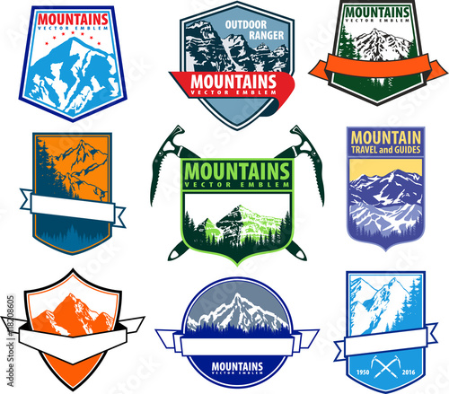 Vector set of mountain adventure camping expedition logo badges emblems