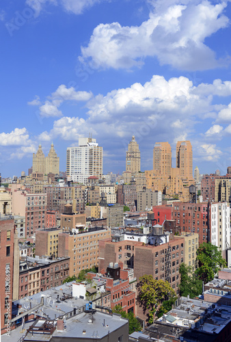 Closely packed buildings and City Skyline of Upper West Side of Manhattan, New York City