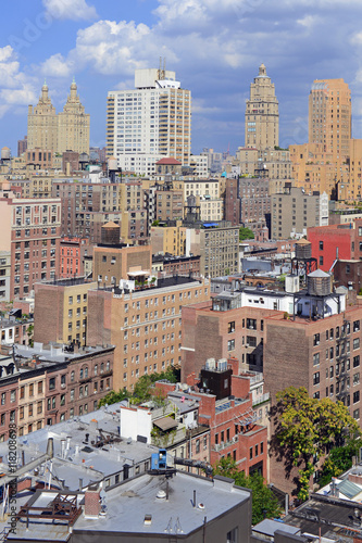 Closely packed buildings and City Skyline of Upper West Side of Manhattan  New York City