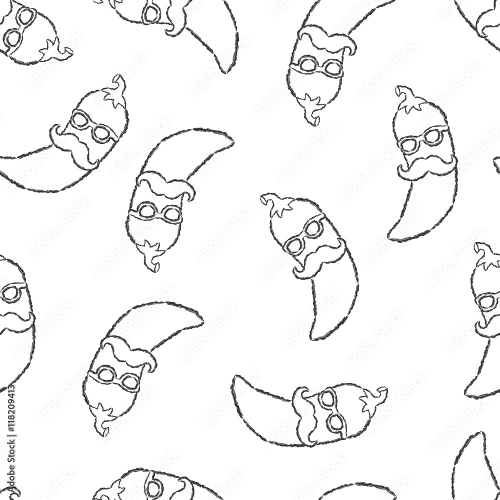 Vector seamless pattern hand drawn brush line black chili pepper with mustache and glasses on white background