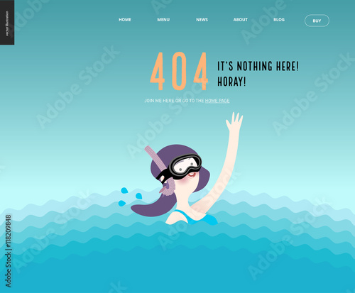 404 error web page template with waving girl in diving mask in the water - a waving scuba diver girl wearing diving mask, snorkel and blue swimming suit coming up from the sea waves