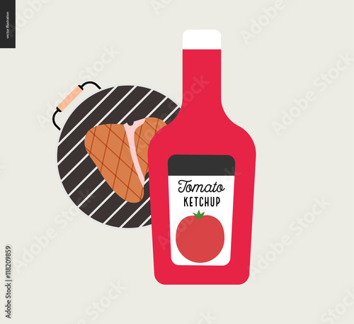 Barbecue grilled meat and ketchup - cartoon flat vector illustration of bbq grill with a piece of grilled meat on it, and a bottle of tomato ketchup