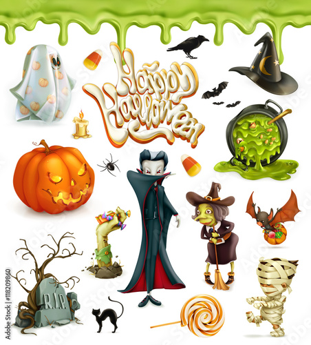 Halloween 3d vector icons. Set of cartoon characters and objects, greetings text Happy Halloween for invitation cards and posters