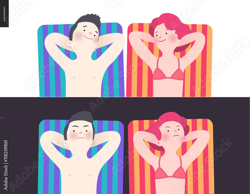 War and peace - a couple lying down on striped beach mattresses in two different statements - in peace smiling to each other, and in conflict hating to each other