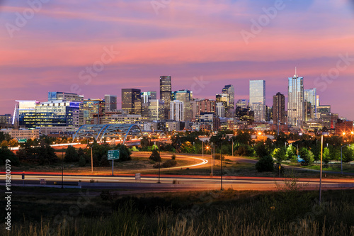 Denver skyline long exposure at twilight.