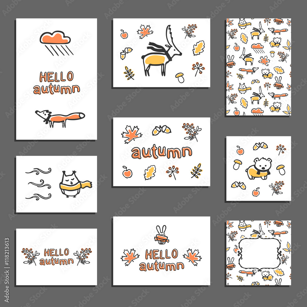 Set of vector greeting card templates. Doodle autumn illustrations. Cute animals wear scarves. Yellow and orange leaves