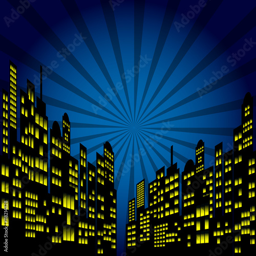 Style Cartoon Night City Skyline Background.