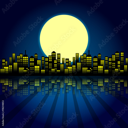 Style Cartoon Night City Skyline Background.