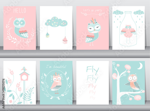 Set of cute animals poster,template,cards,owls,boho,Vector illustrations 