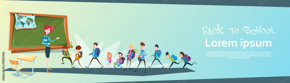 Schoolchildren Group With Teacher Classroom Back To School Education Banner Schoolchildren Group With Teacher Classroom Back To School Education Banner
