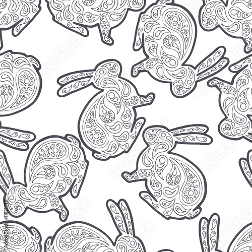 Zentangle and zendoodle hare. Zen tangle and zen doodle animal. Coloring book wildlife. Rabbit vector textile. Seamless pattern background.