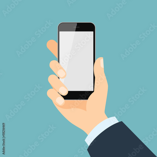 Hand holding smartphone. Isolated hand with phone. Blank screen. Businessman hand.