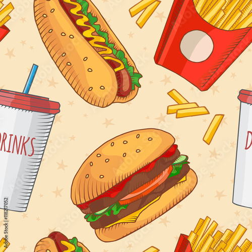 Fast food. Set of cartoon vector icons on the seamles pattern