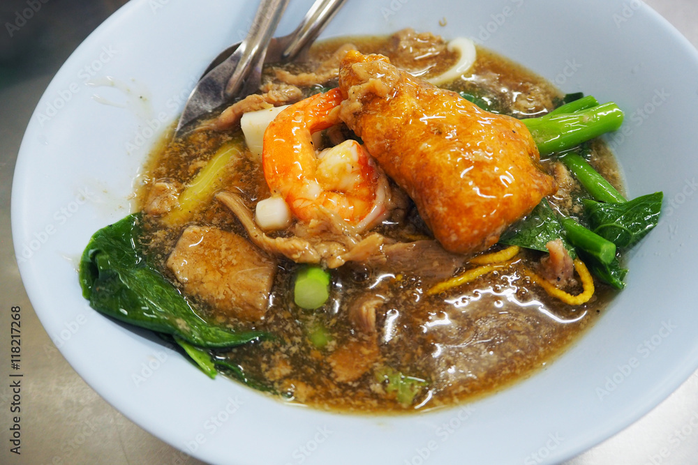 Rad Na or stirred fried noodle with pork and shrimp Rad Na or stirred fried noodle with pork and shrimp