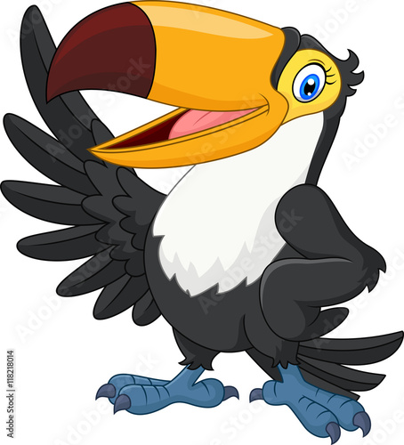 Cartoon funny toucan waving isolated on white background 