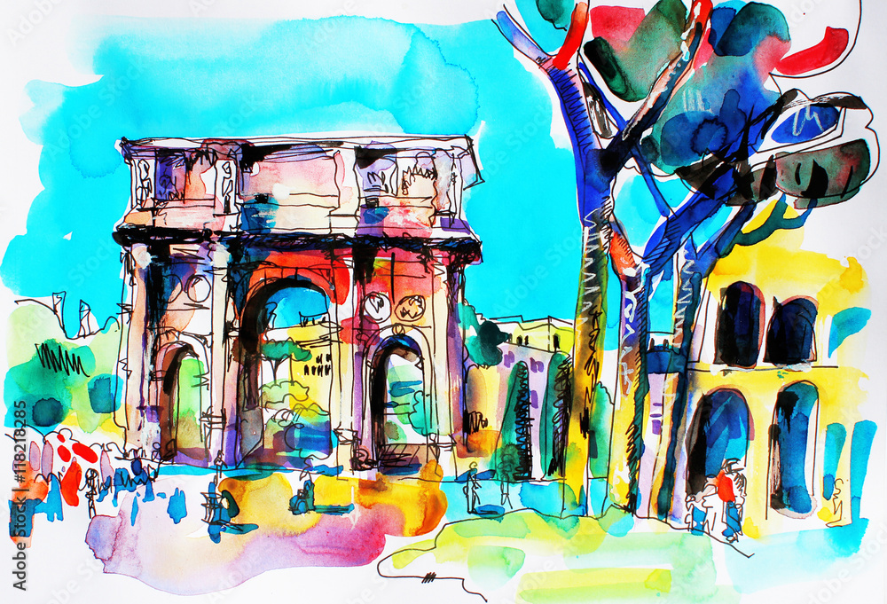 original freehand watercolor travel card from Rome Italy, old it