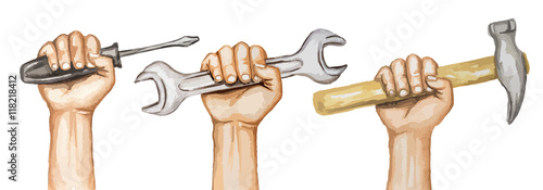Watercolor hands with tools on white background. Happy labor day watercolor illustration.
