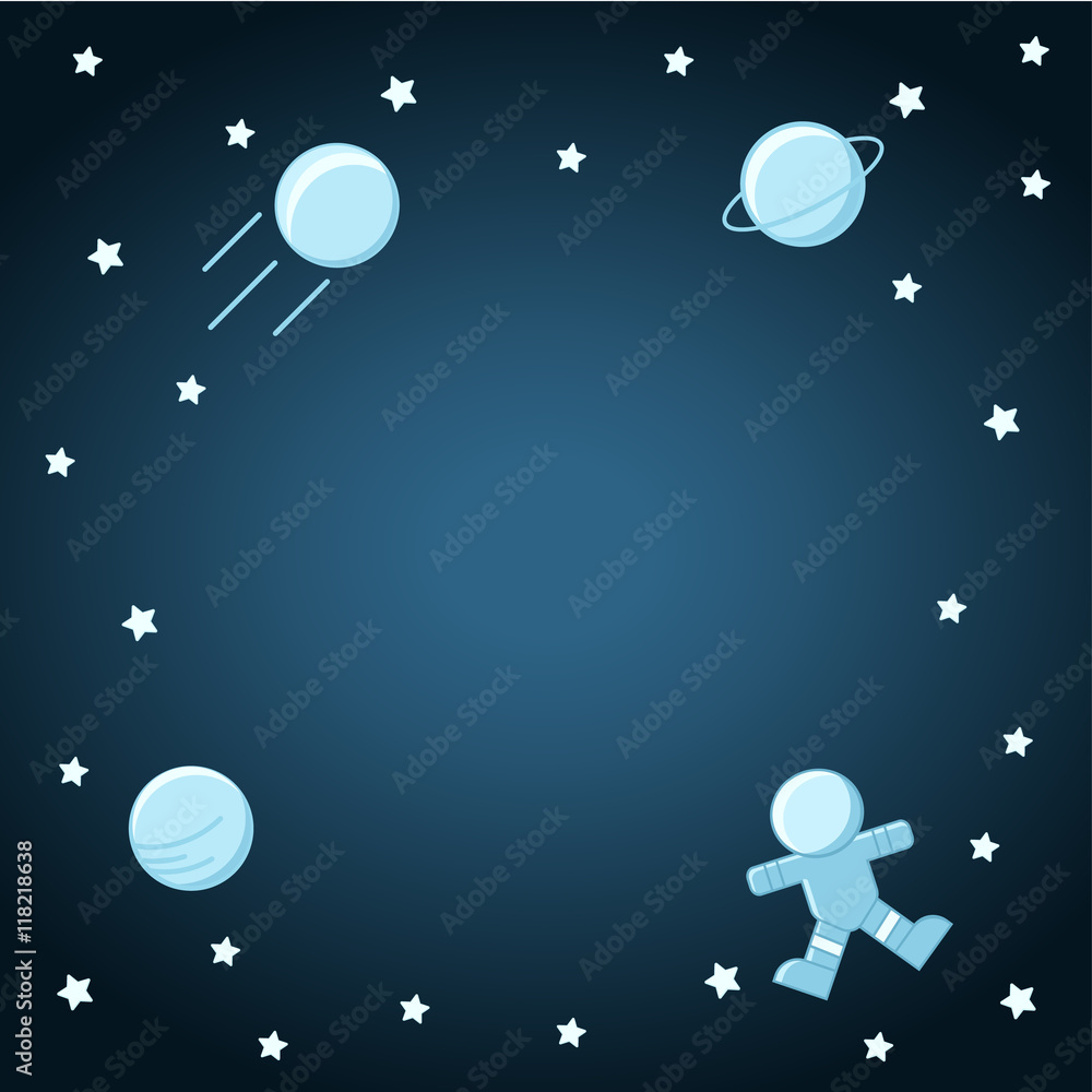 Concept banner with Space theme with flat astronomic objects and symbols of Planets, Spaceman for invitations and advertisement. Trendy Design Vector Illustrations.