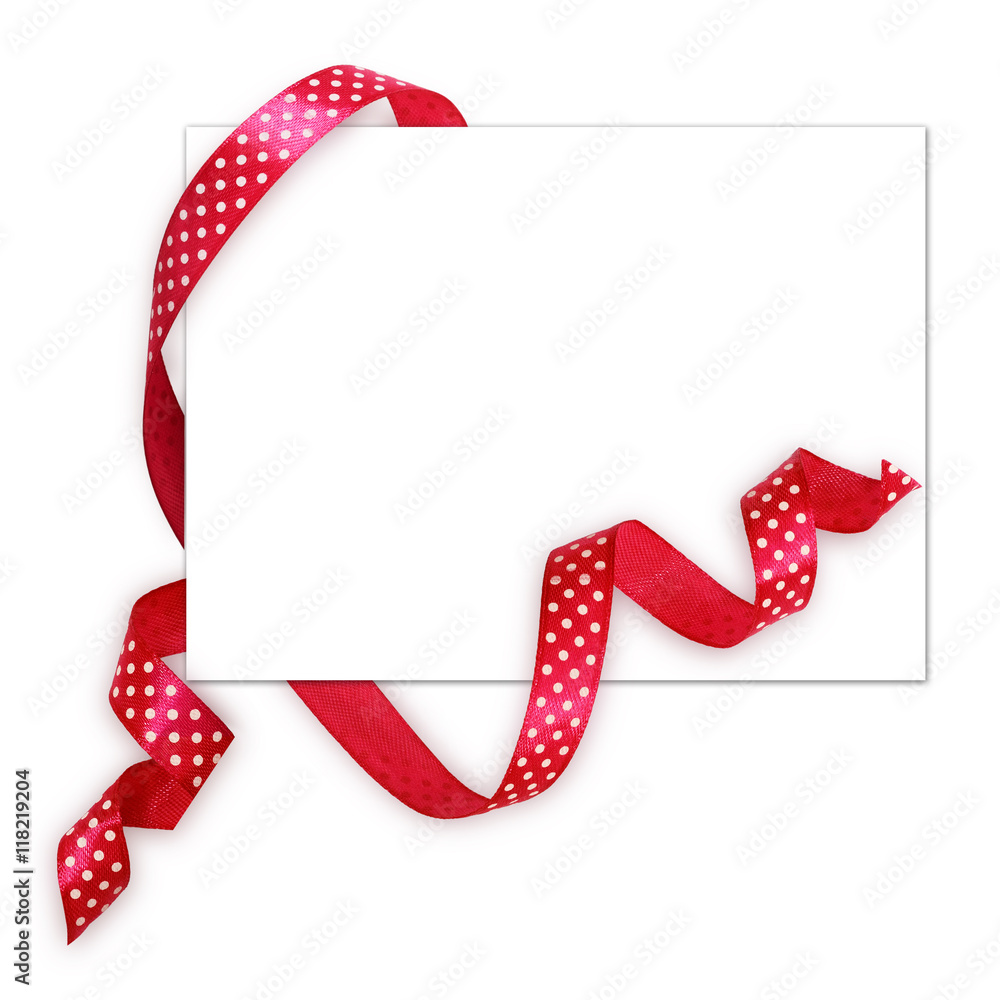 Fototapeta premium Pink silk polka dot ribbon and a card