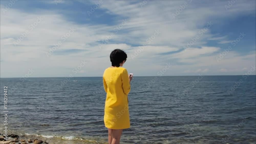 Attractive woman using smartphone on the sea background Attractive woman using smartphone on the sea background