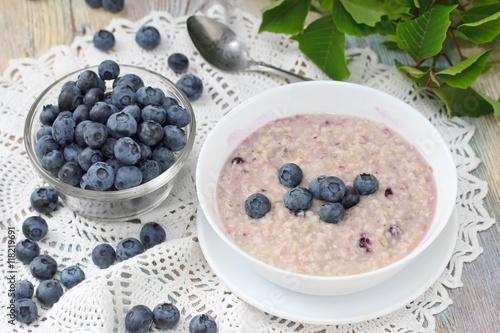 Healthy Breakfast. Oatmeal with blueberries.