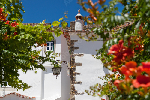 Flowers and traditional architecture in old town Obidos, Portugal