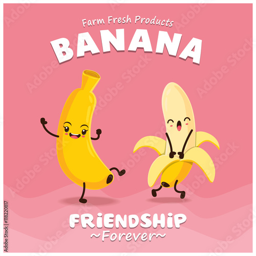 Vintage Banana poster design with vector banana character. 