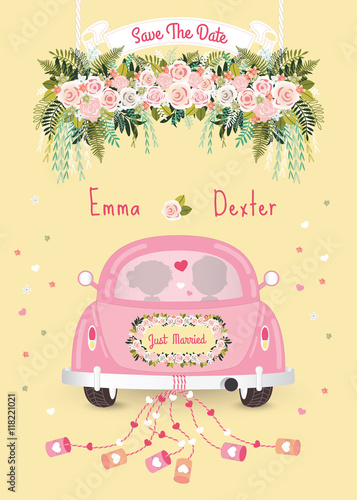 Just married car with save the date wedding invitation card photo