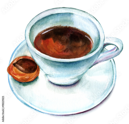 Vászonkép Watercolor cup of coffee with biscuit, retro drawing on white